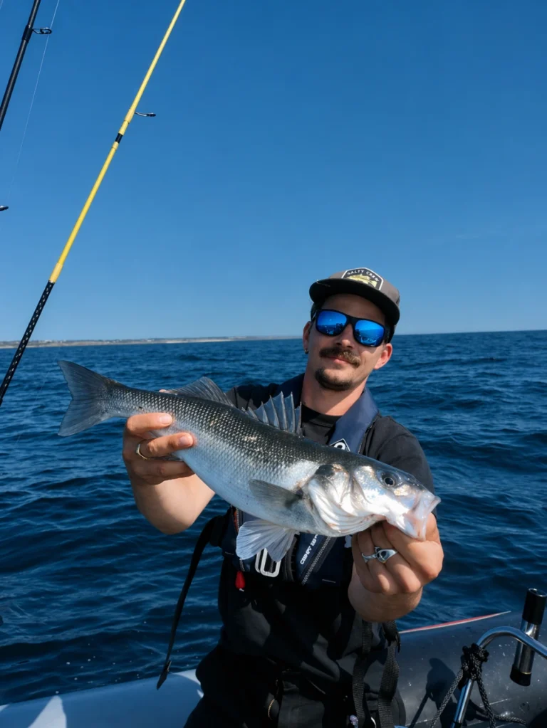 pêcheur content avec un bar sur le bateau