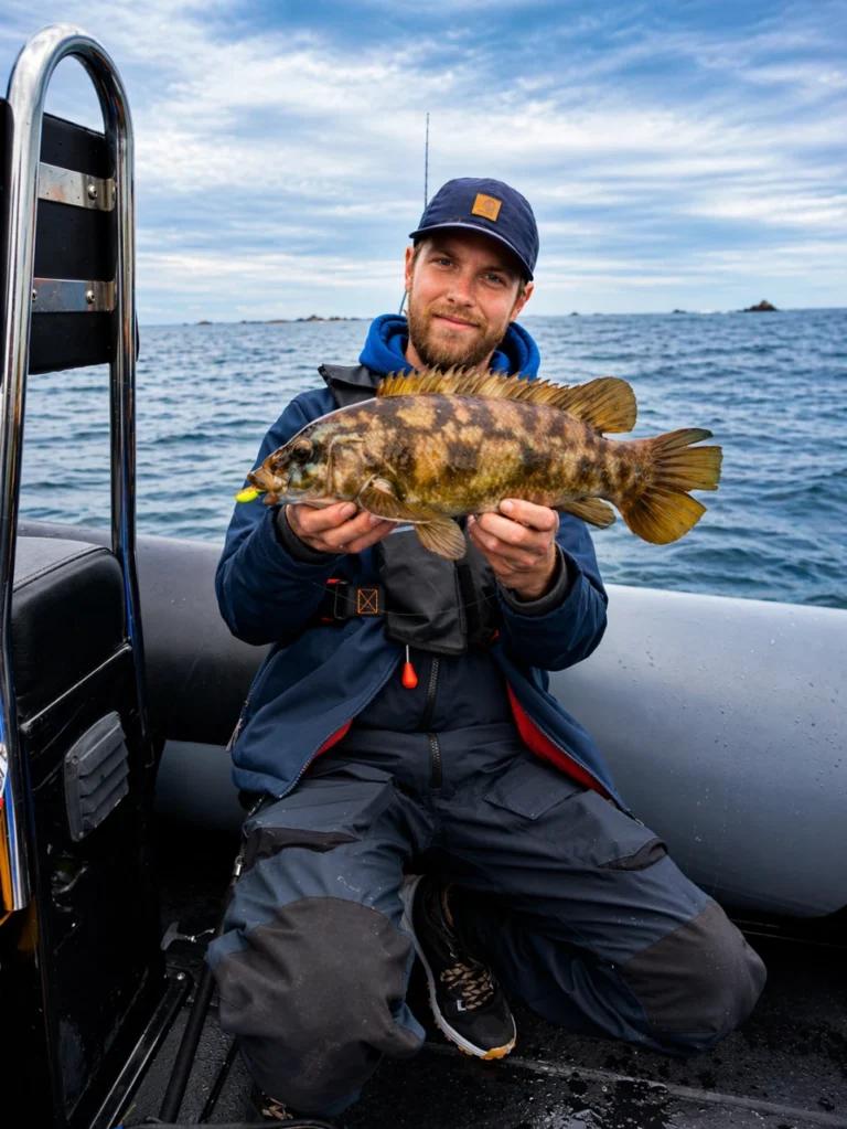pêcheur content avec un poisson sur le bateau